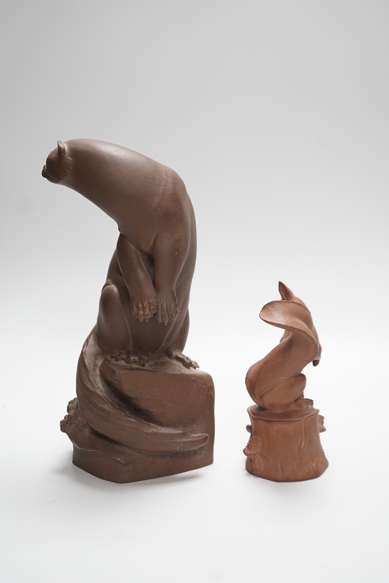 Two Meissen 'Bottger' red stoneware models of an otter, modelled by M. Esser and a squirrel, tallest 25.5 cm